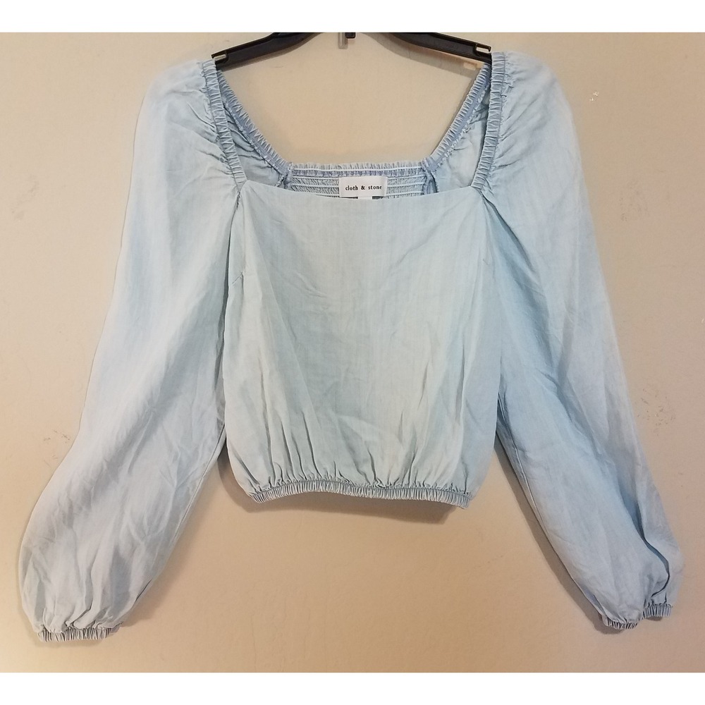 Cloth & Stone Top Women XS Blue Chambray Squared‎ Neck Cropped Smock Back Shirt